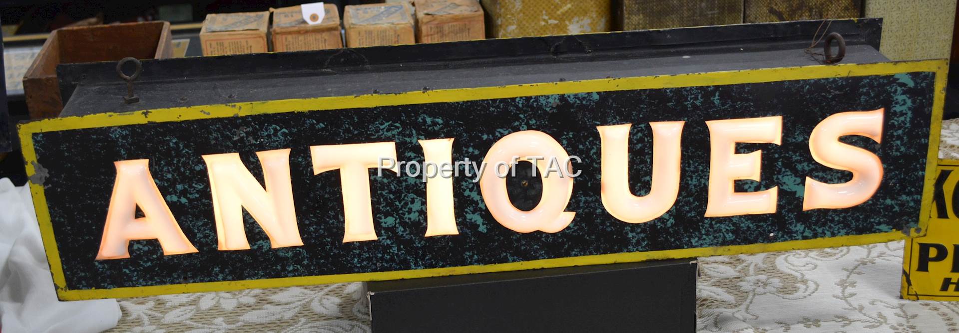 "Antique" Embossed Milk Glass Lighted Metal Sign