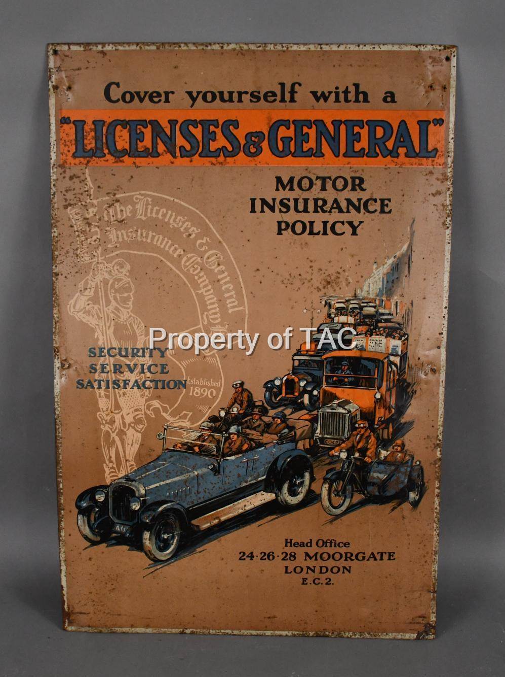 "Lincenses &; General" Motor Insurance Policy Metal Sign
