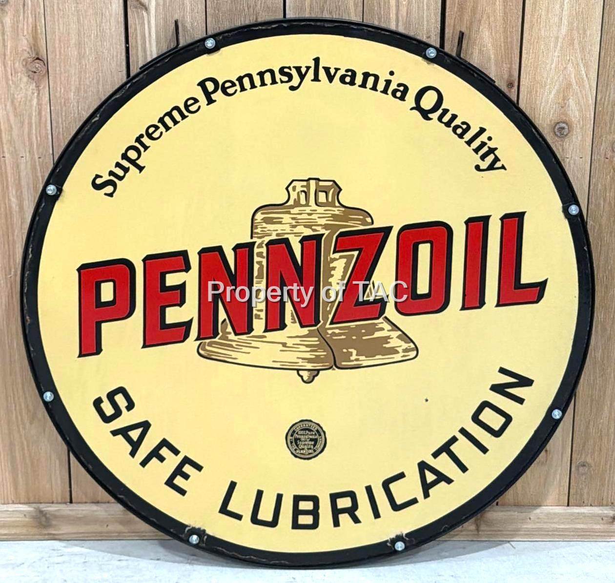 "EXCEPTIONAL!" 42" Pennzoil Safe Lubrication w/Brown Bell Logo Porcelain Sign