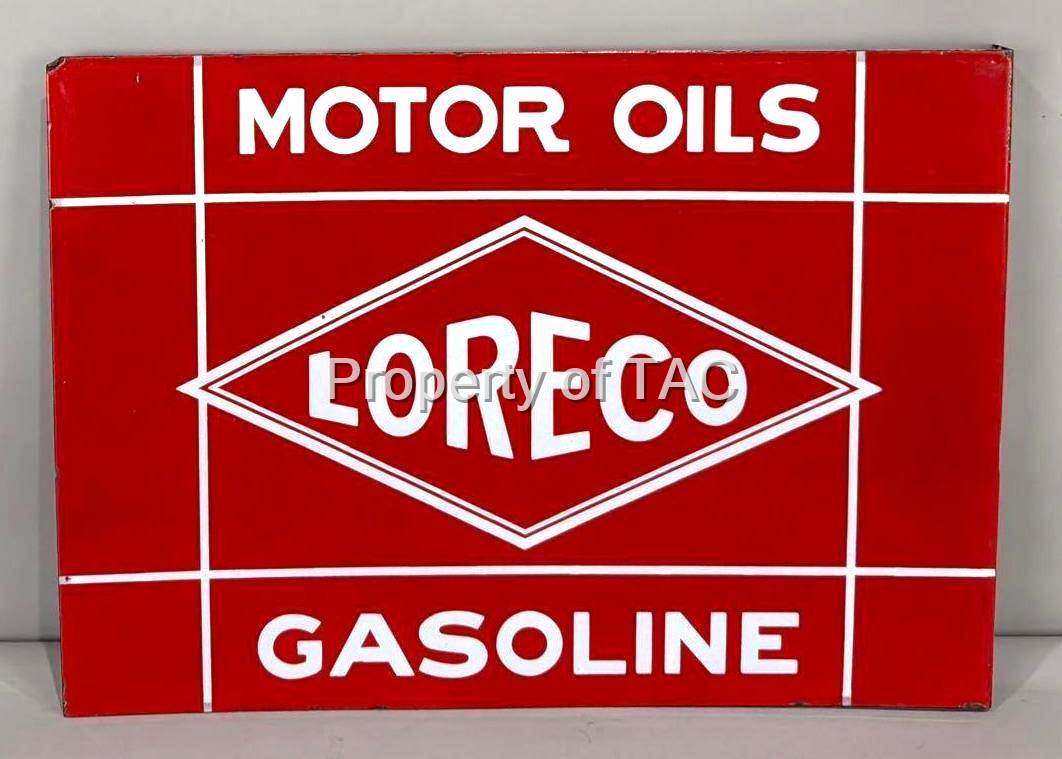 "EXCEPTIONAL!" Loreco Motor Oils Gasoline Porcelain Flange Sign