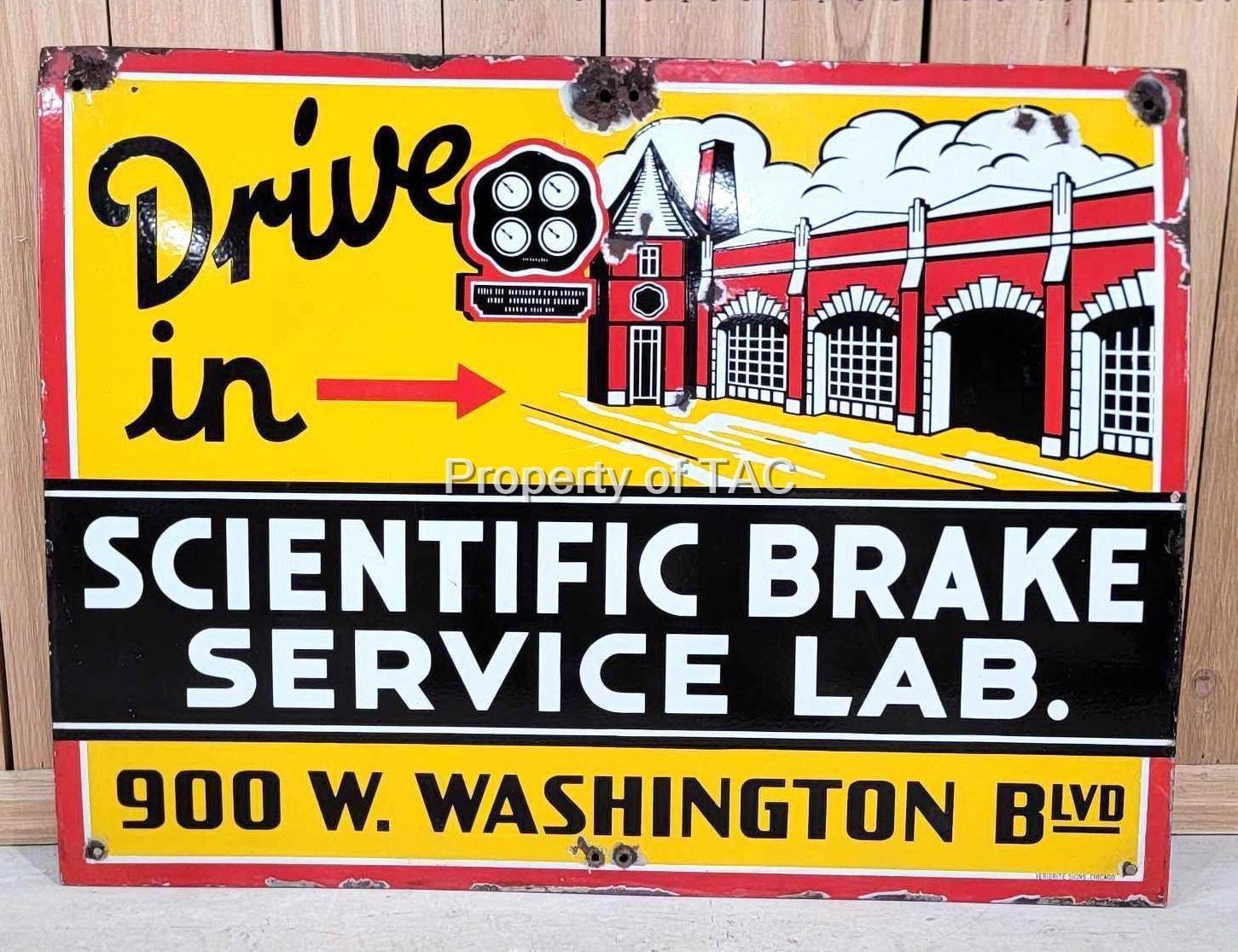 "Drive in" Scientific Brake Service Lab. w/Great Image Porcelain Sign