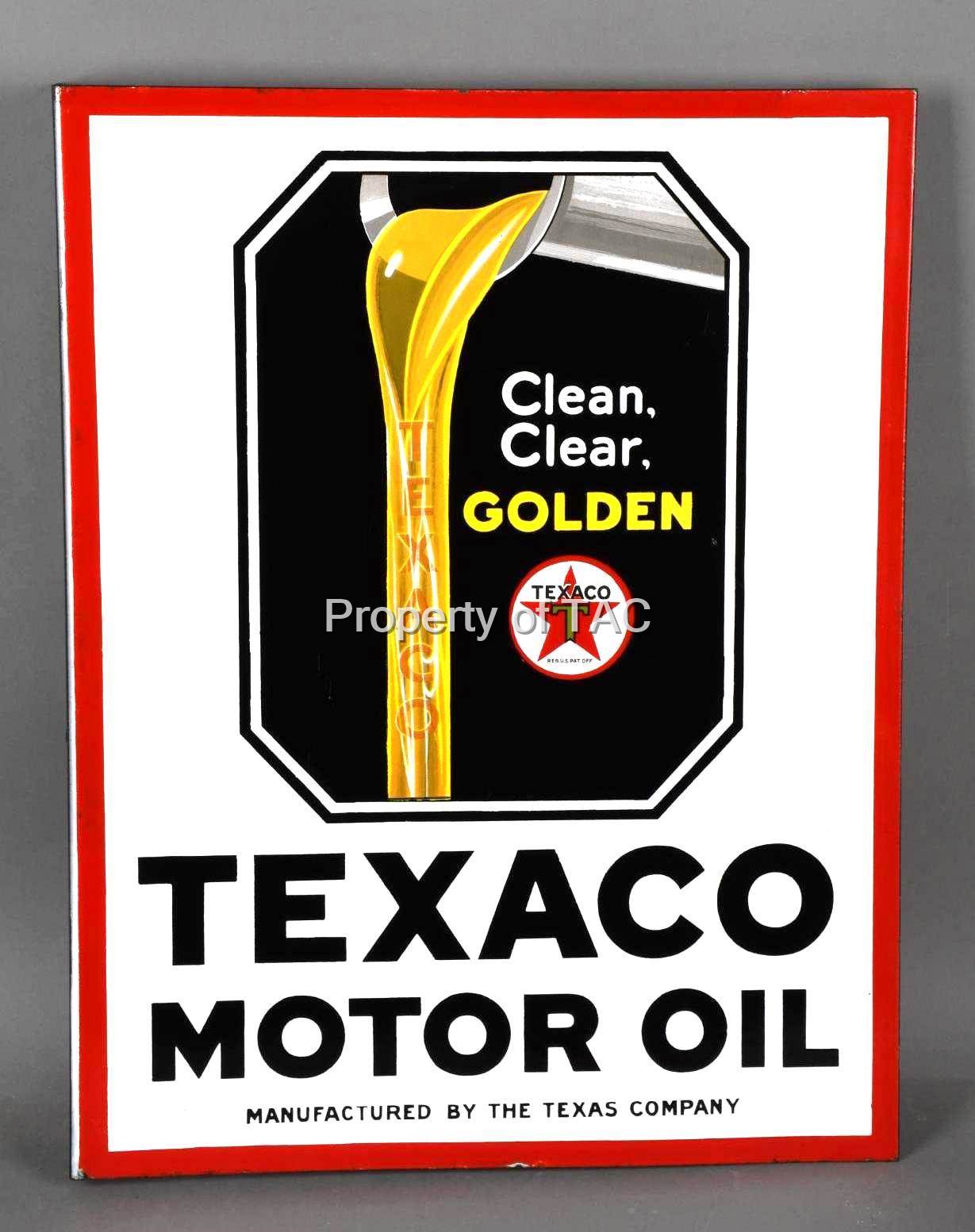 "AMAZING" Texaco Motor Oil "CleanD. ClearD. Golden" Porcelain Flange Sign