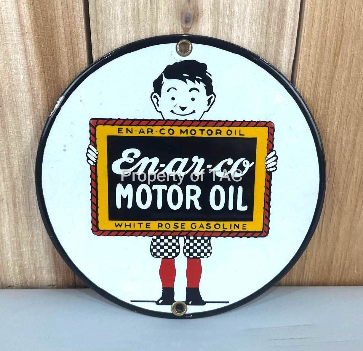 "GOOD LOOKING" En-Ar-Co Motor Oil w/Boy  Slate Logo Porcelain Sign