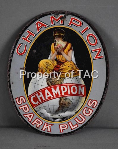 Champion Spark Plugs w/Lady Sitting on the World Logo Metal Sign