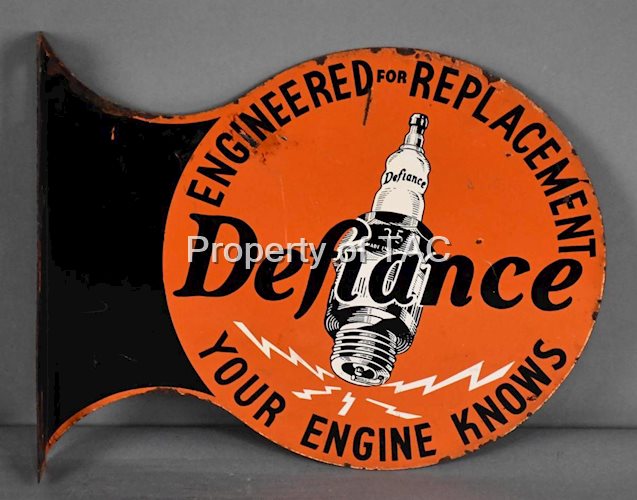 Defiance Spark Plug "Your Engine Knows" Metal Flange Sign