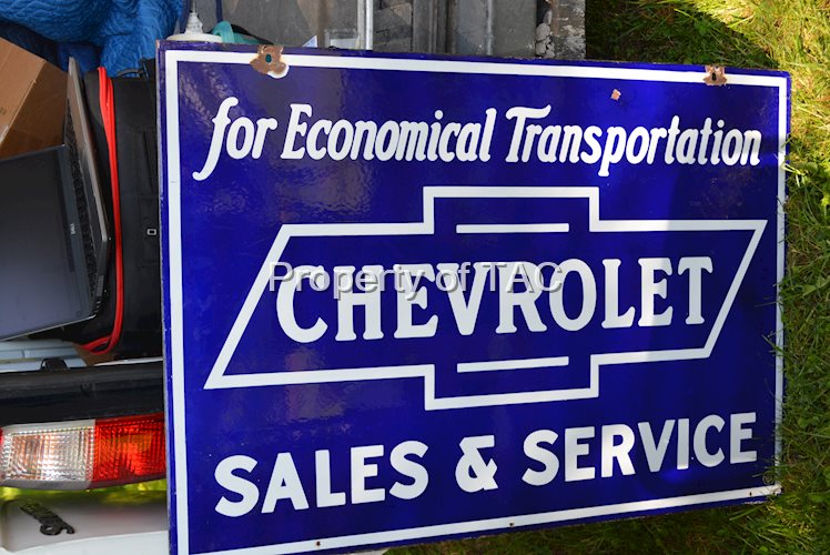 Chevrolet in Bowtie "for Economical Transportation Sales & Service Porcelain Sign