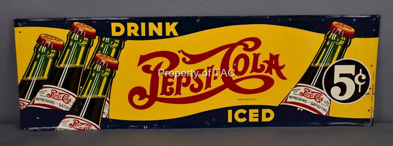 Drink Pepsi:Cola Iced 5Â¢ w/Bottles Metal Sign