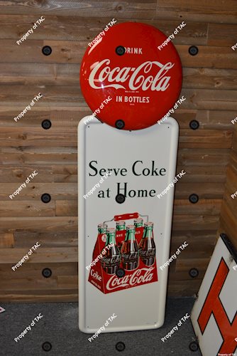 Coca-Cola Six Serve Coke at Home" with button metal sign"