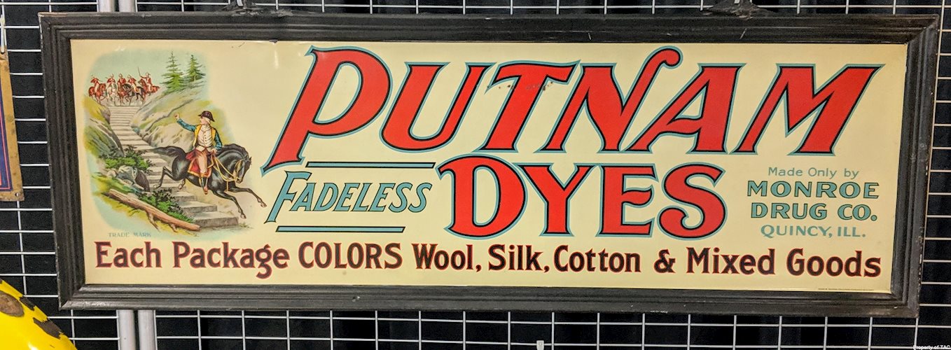 Fadeless Putnam Dyes Monroe Drug Co. Quincy, Ill. Self framed SST Single Sided Tin Sign
