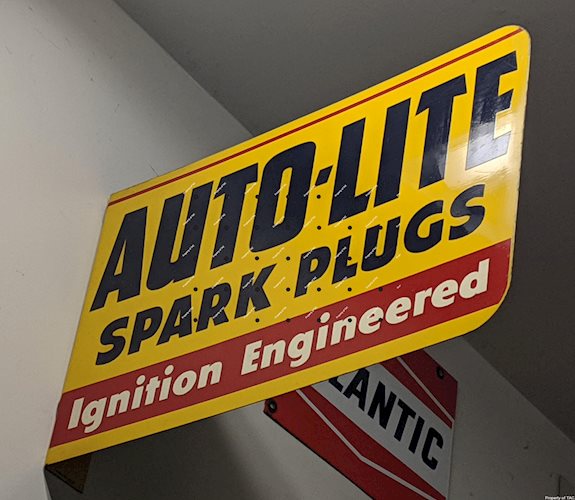 Auto-Lite Spark Plugs Double Sided Tin Flange Sign NOS