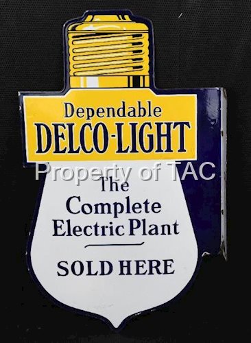 Dependable Delco-Light Sold Here Porcelain Flange Sign