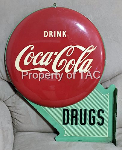 Coca Cola Drugs Double Sided Tin flange Sign w/ Coca Cola Buttons