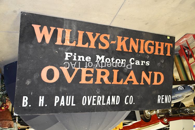 WILLYS-KNIGHT OVERLAND FINE MOTOR CARS SINGLE-SIDED TIN SMALTZ SIGN
