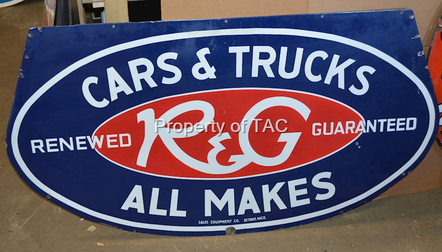 R&G Renewed Guaranteed Cars & Trucks All Makes Porcelain Sign