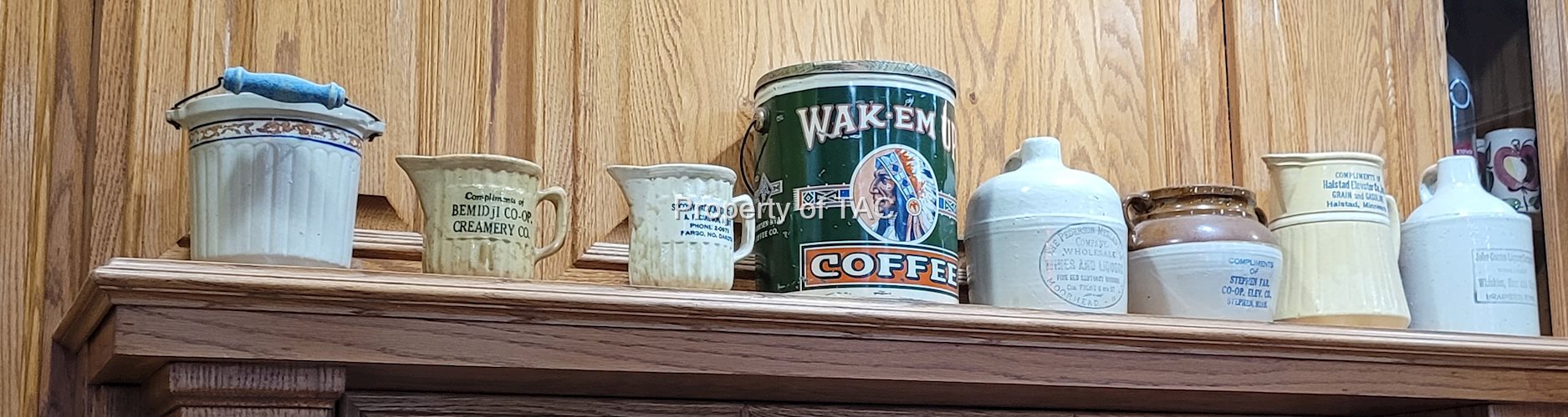 Grouping of Advertising Jugs/Cans/Pitchers Wake Em Up Coffee Etc