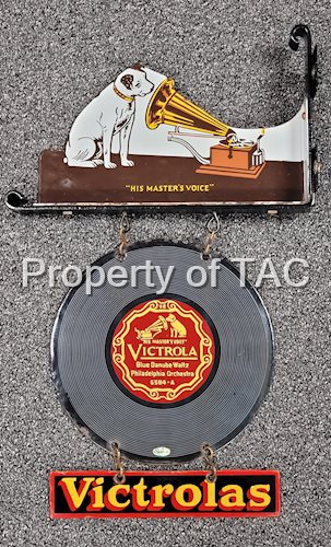 RCA His Masters Voice Victrola Double Sided Porcelain Flange Sign w/ Attachments.  Includes TAC #017581 and #017582.