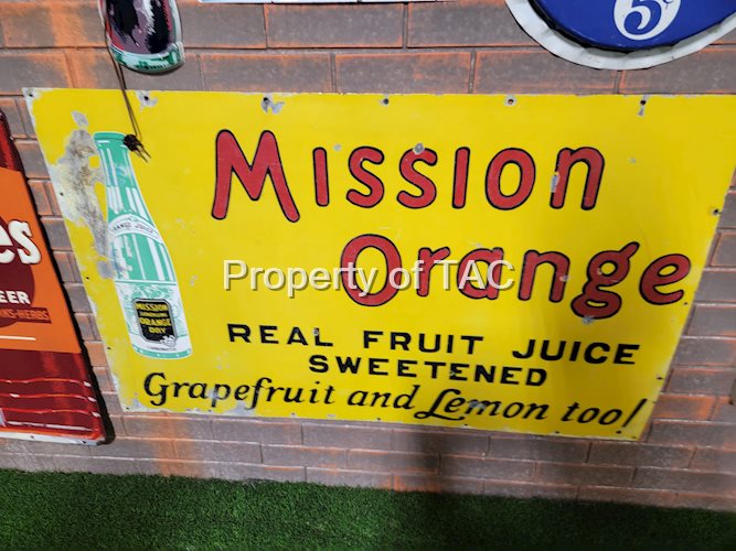 Mission Orange "Real Fruit Juice Sweetened" w/Bottle Porcelain Sign