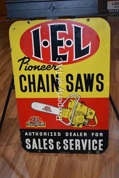 I-E-L Pioneer Chain Saw w/Logo Metal Sign