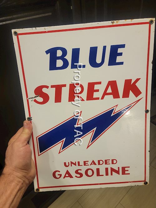 Blue Streak Unleaded Gasoline w/logo Porcelain Pump Sign