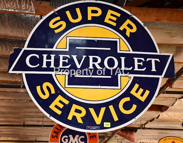 SUPER CHEVROLET SERVICE DOUBLE-SIDED PORCELAIN DIECUT SIGN