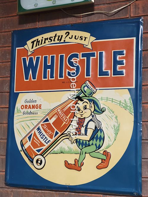 Whistle w/Elf Pushing a Cart Metal Sign