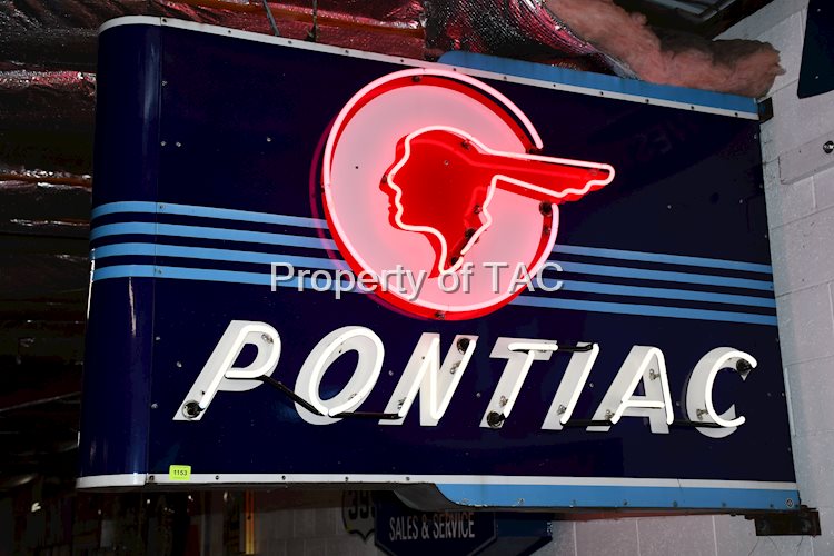 PONTIAC W/FULL FEATHER LOGO 2- SINGLE-SIDED PORCELAIN NEON SIGNS MOUNTED BACK-TO-BACK ON ORIGINAL METAL CAN