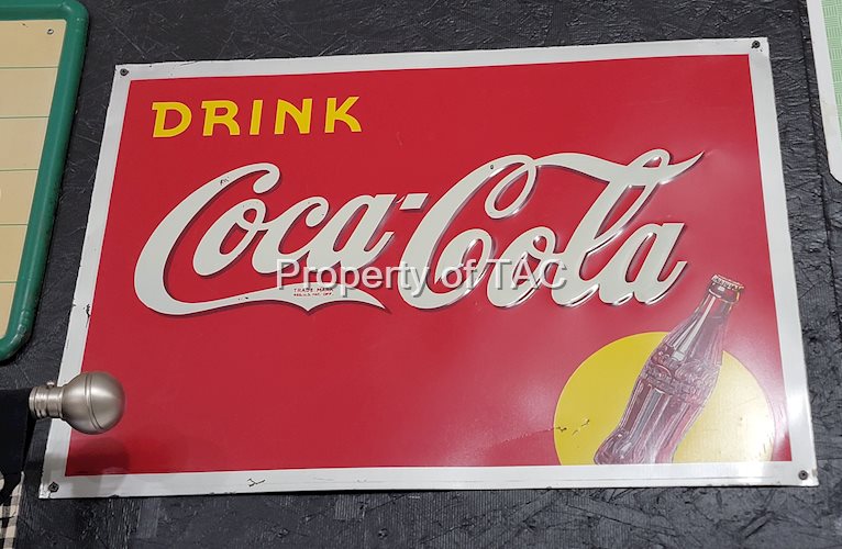 Drink Coca-Cola w/Bottle in Yellow Spot Metal Sign
