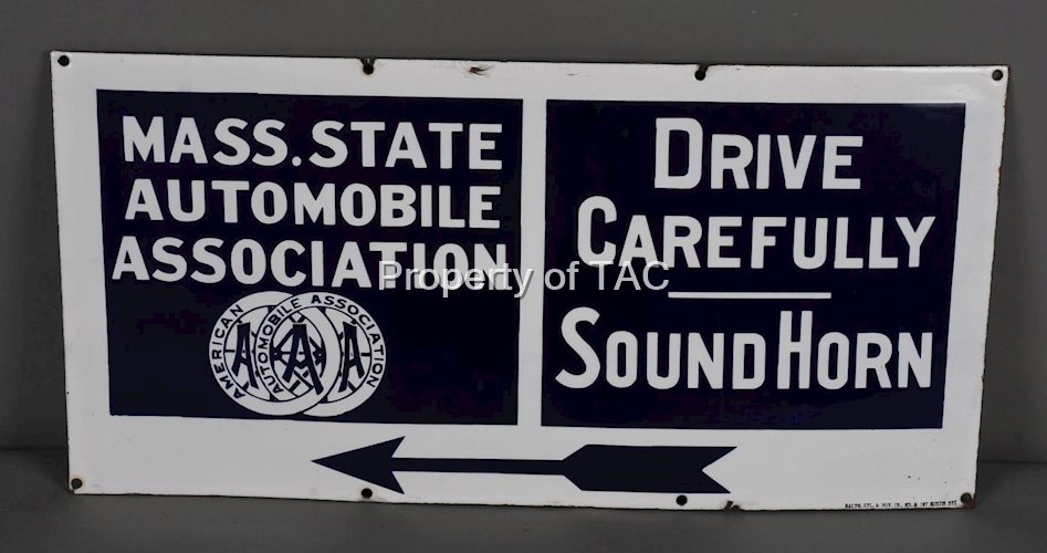AAA Drive Carefully Sound Horn Mass. State Automobile Assoc. w/Logo Porcelain Sign