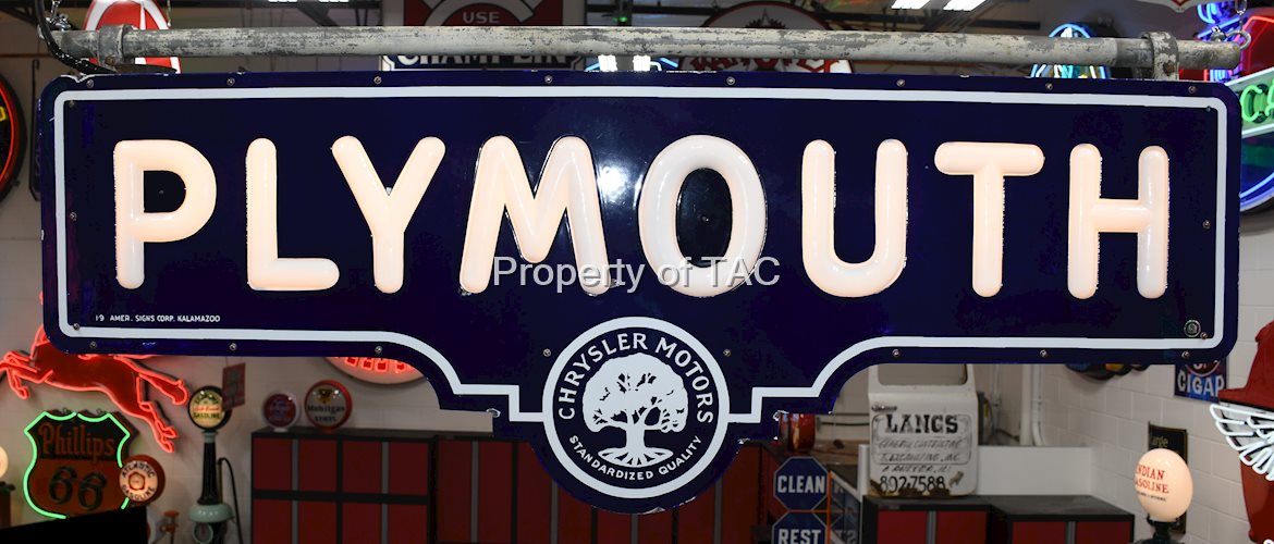 Plymouth w/Chrysler Motors Logo Porcelain Sign with Milkglass Lettering