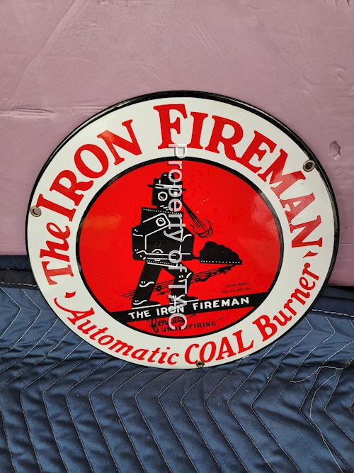 The Iron Fireman w/Logo Porcelain Sign