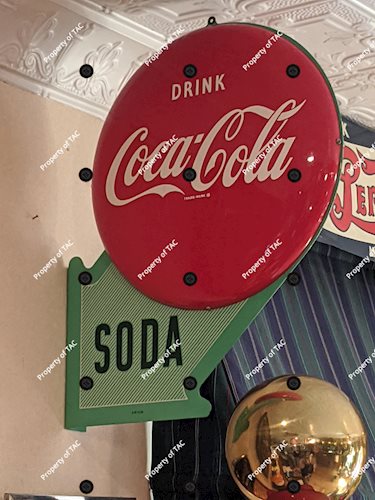 Drink Coca Cola Soda Tin Flange Sign w/ two buttons