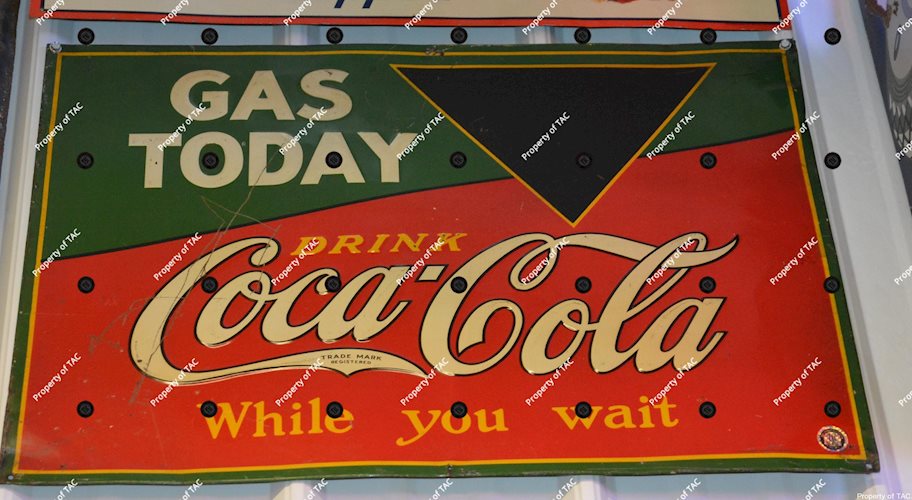 Drink Coca-Cola Gas Today w/triangle pricer metal sign
