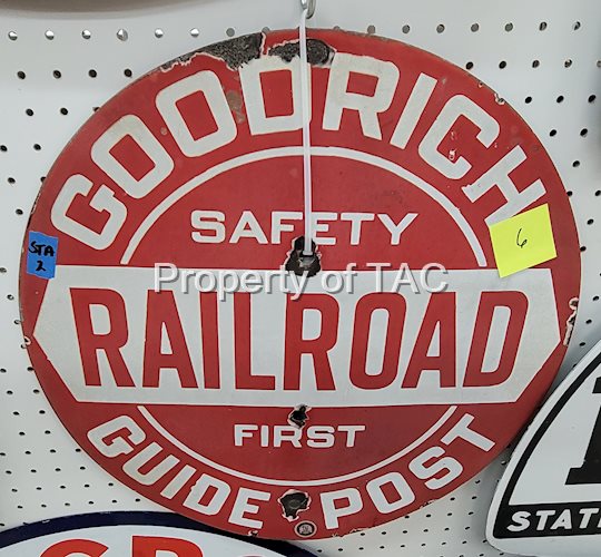 Goodrich Guide Post Railroad Safety First Porcelain Sign