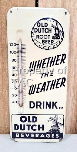 Old Dutch Root Beer Beverages w/Logo Metal Thermometer