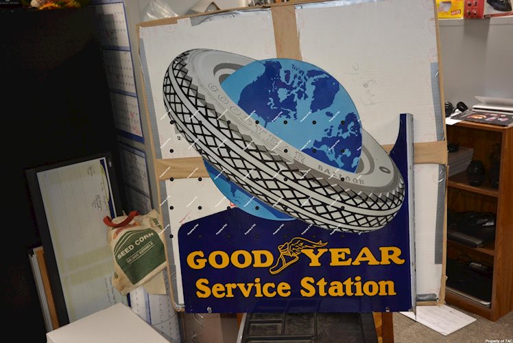 Goodyear Service Station w/world in tire logo porcelain sign