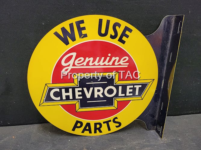 We Use Chevrolet Genuine Parts Double Sided Tin Flange Sign
