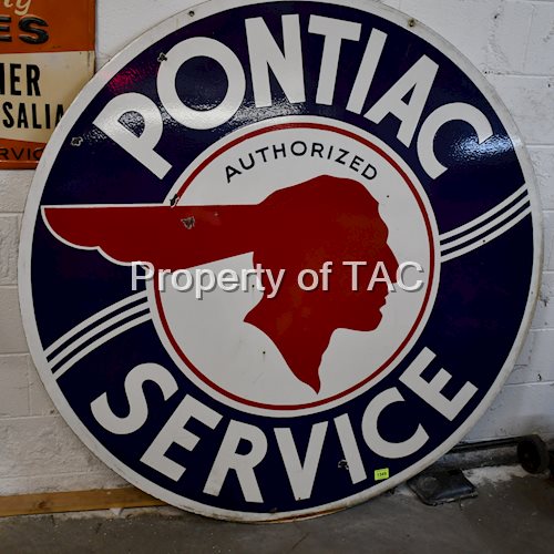 PONTIAC SERVICE W/WAVY LINES & FULL FEATHER LOGOS DOUBLE-SIDED PORCELAIN SIGN