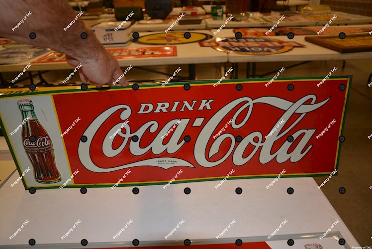 Drink Coca-Cola w/bottle & trade mark in tail metal sign