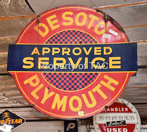 DESOTO PLYMOUTH APPROVED SERVICE DOUBLE-SIDED PORCELAIN DIECUT SIGN