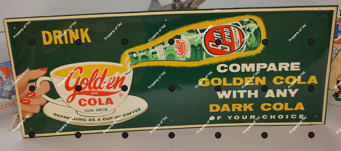 Drink Golden Cola w/Bottle Pouring Metal Sign