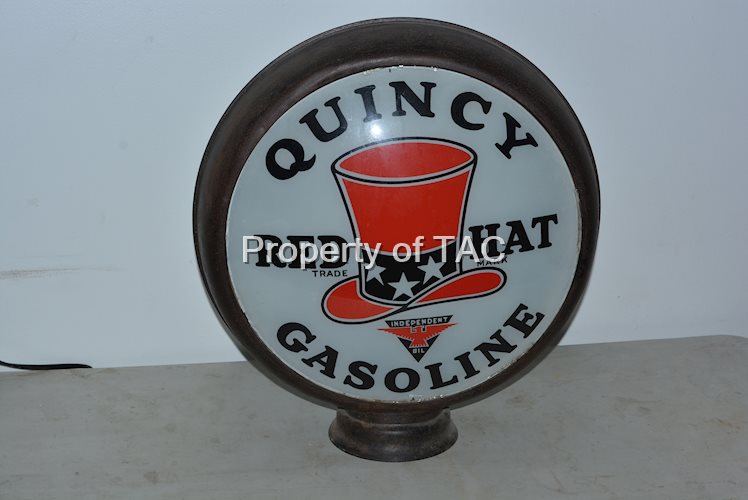 Quincy Red Hat Gasoline w/Independent Oil Logo 15"D. Single Globe Lens