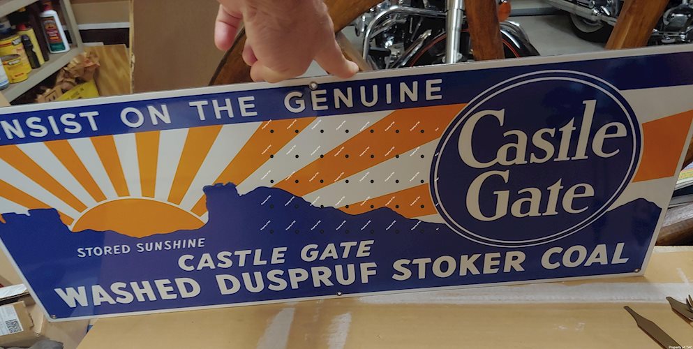 Castle Gate Washed Duspruf Stoker Coal porcelain sign