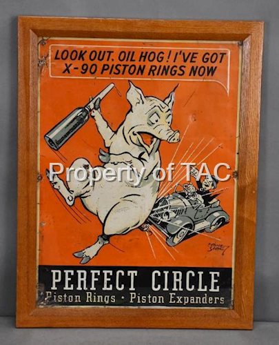 Perfect Circle Piston Rings w/Hog Holding Oil Bottle Metal Sign