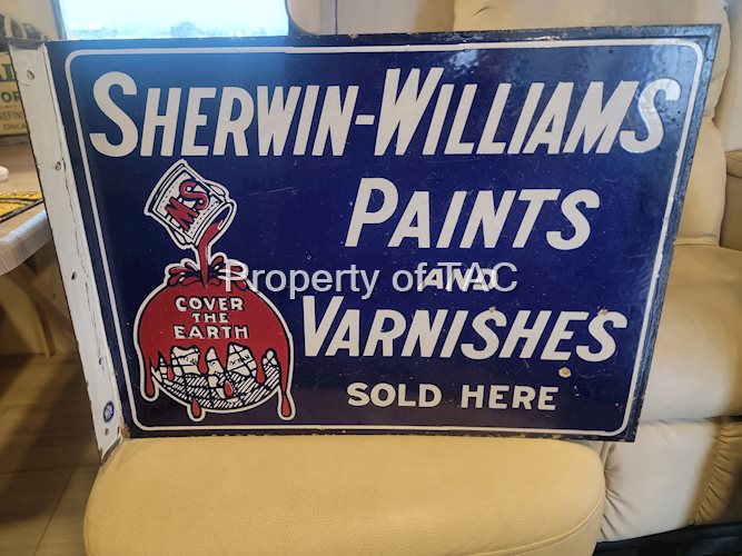 Sherwin-Williams Paints & Varnishes Sold Here w/Logo Porcelain Flange Sign