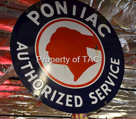 PONTIAC AUTHORIZED SERVICE W/CHOPPED FEATHER LOGO DOUBLE-SIDED PORCELAIN SIGN