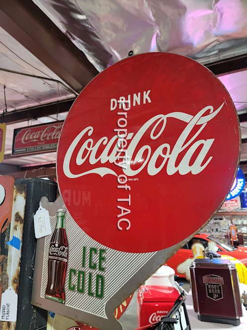 Drink Coca-Cola Ice Cold w/Bottle Metal Flange Sign