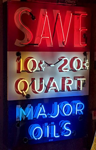 Save 10-20 Cents Quart Major Oils Porcelain Neon Sign (Gloco Oil Co)