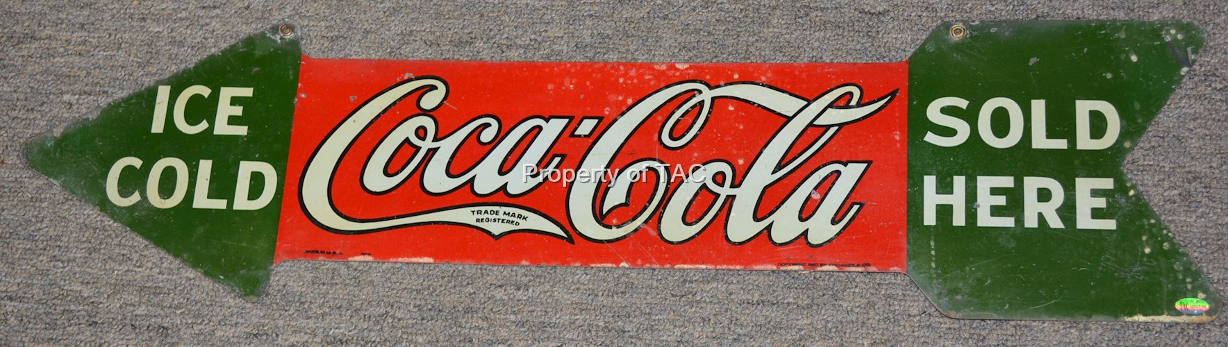 Ice Cold Coca-Cola Sold Here Arrow Shaped Metal Sign