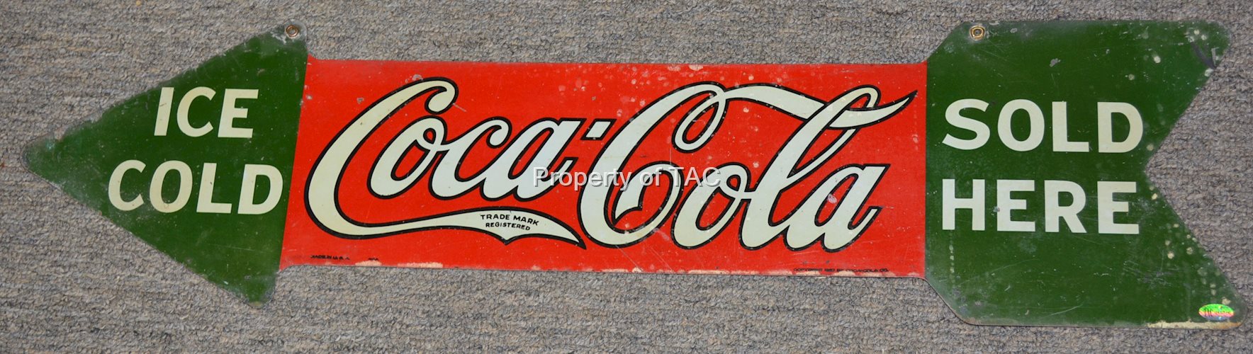 Ice Cold Coca-Cola Sold Here Arrow Shaped Metal Sign