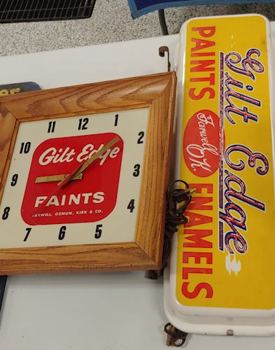 Gilt Edge Paints Plastic Clock,  Lighted Plastic & Wooden Signs